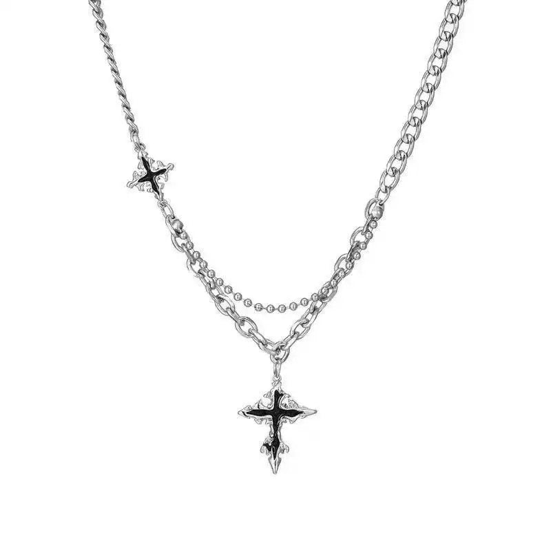 "Gothic Flame Cross" Layered Chain Necklace